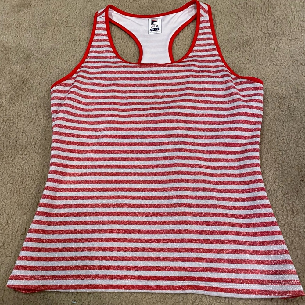 Fila women’s work out tank razor back red white stripped glitter size medium